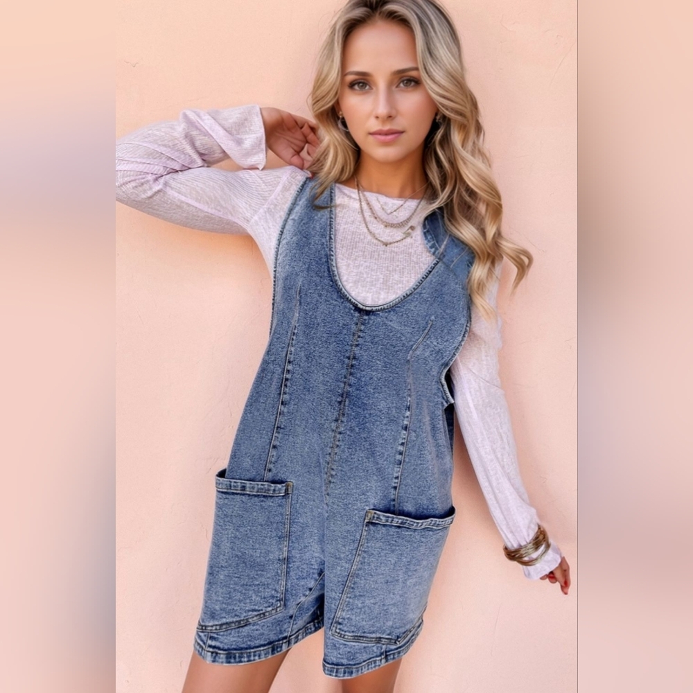 Retro Overalls Patch Pocket Oversized Sleeveless Blue Jean Denim Shorts Romper